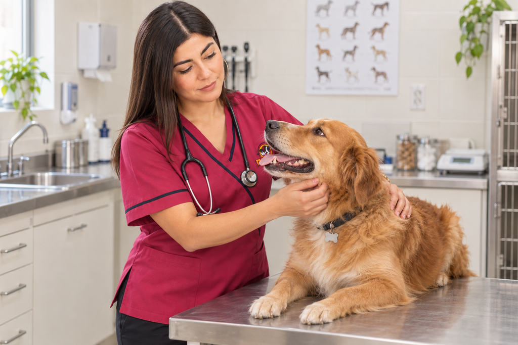 Doctora de Veterinaria Máxcot atendiendo cariñosamente a un perro.